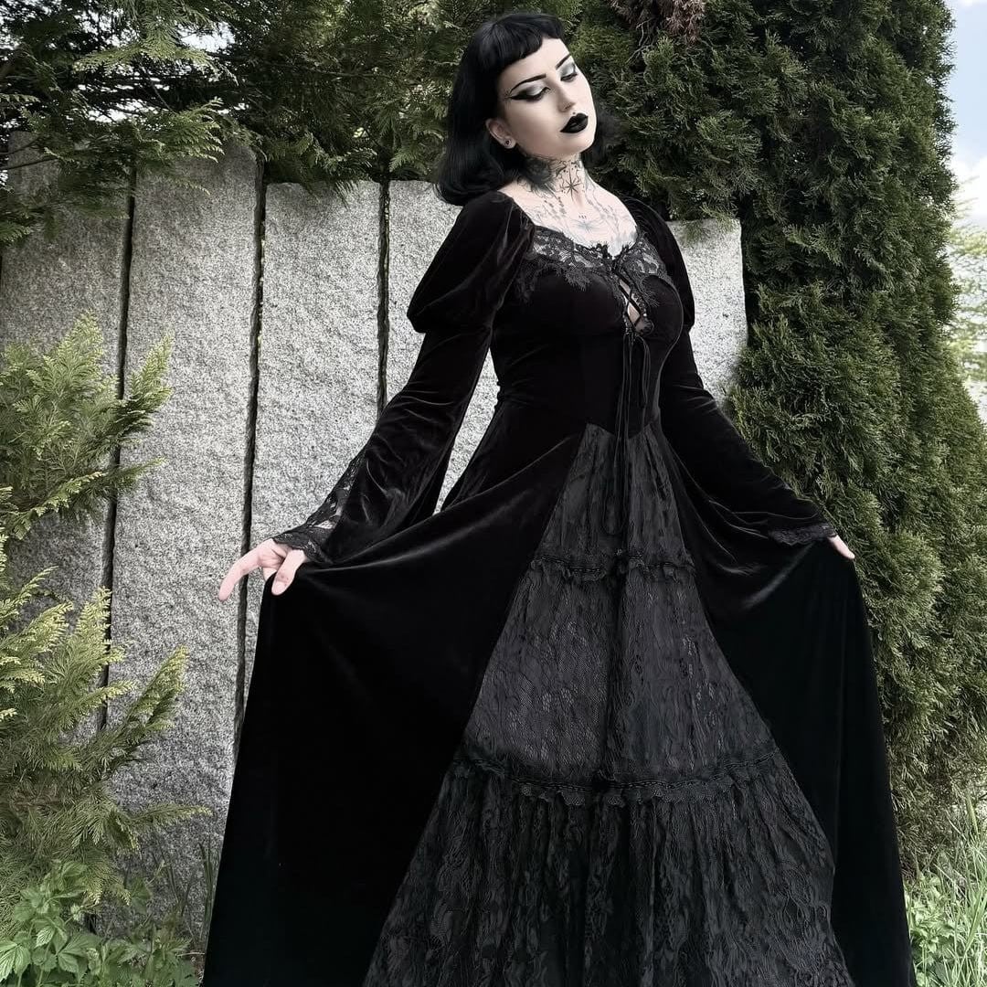 Women's Gothic Puff Sleeved Lace Splice Velvet Wedding Dress | Black Raven LLC Women's Gothic Puff Sleeved Lace Splice Velvet Wedding Dress | Black Raven LLC
